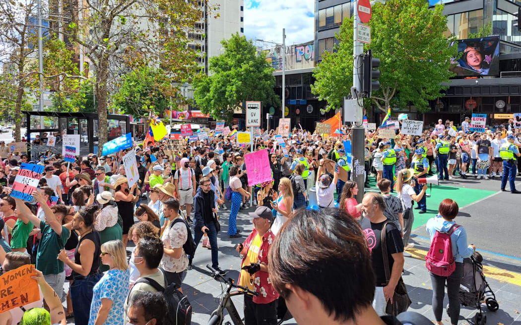 Protestors gathered at Queen street and Aotea Square in Auckland.