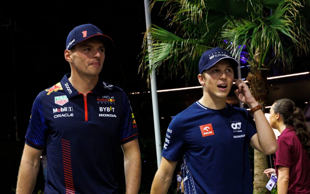 Formula One drivers Max Verstappen of Red Bull and New Zealander Liam Lawson of AlphaTauri.