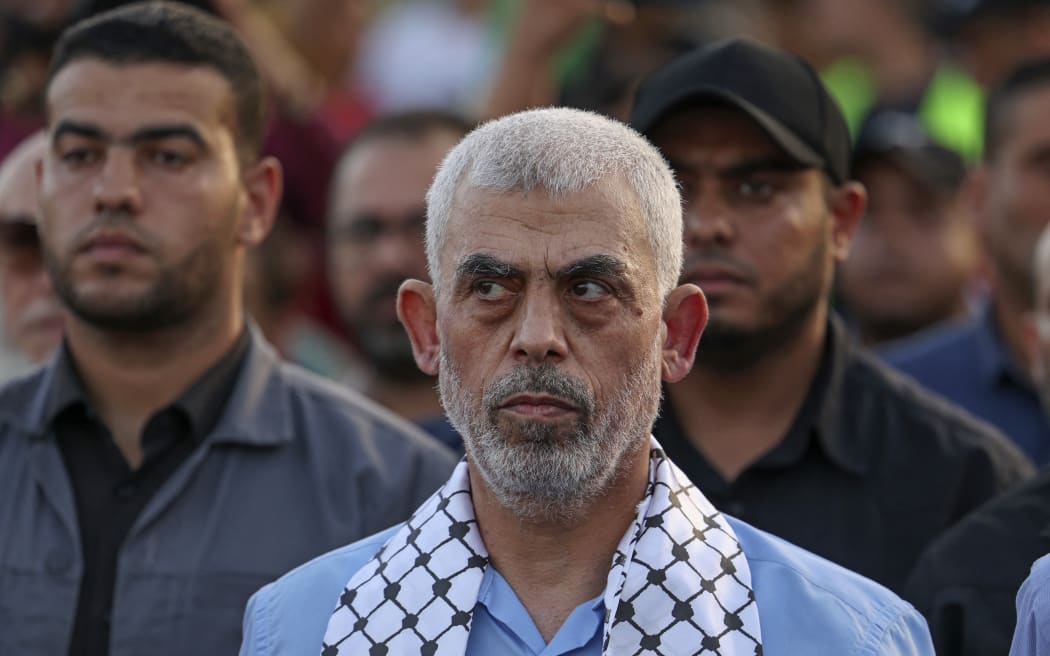 Head of the political wing of the Palestinian Hamas movement in the Gaza Strip Yahya Sinwar attends a rally in support of Jerusalem's al-Aqsa mosque in Gaza City on October 1, 2022. (Photo by MAHMUD HAMS / AFP)