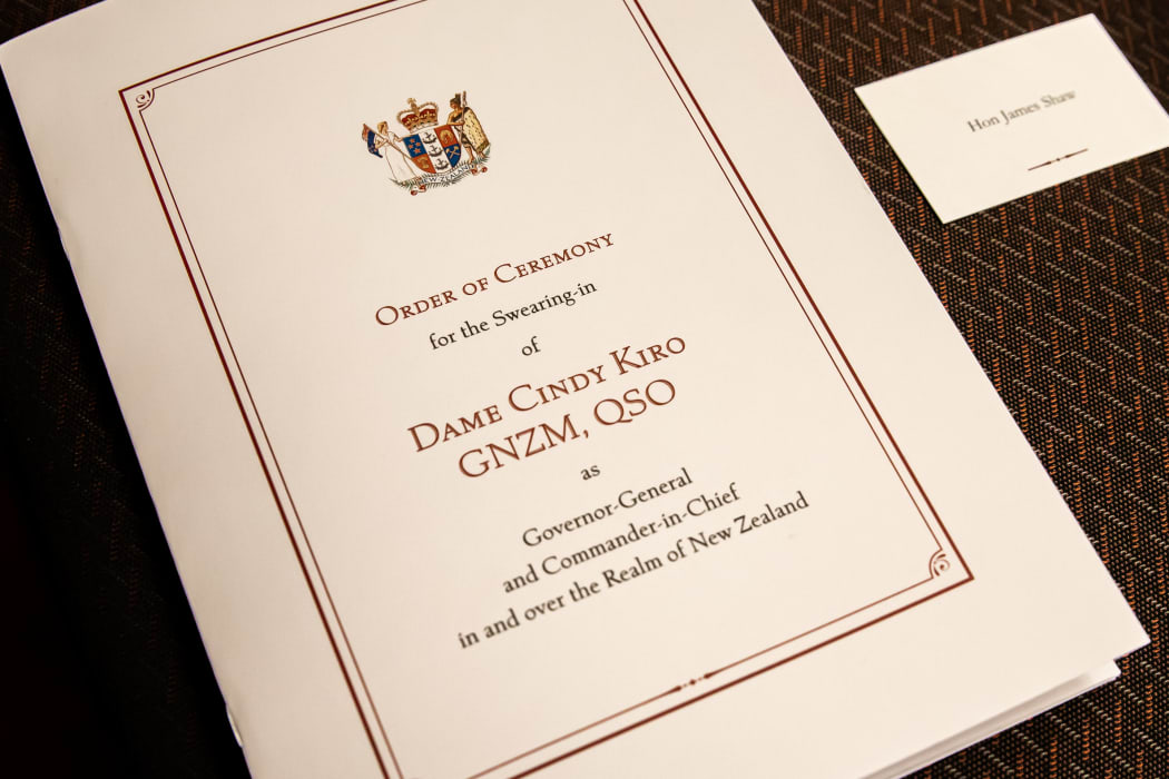 Order of Ceremony Swearing in of the Governor General, waiting on the seat reserved for Green Party Co-Leader James Shaw.