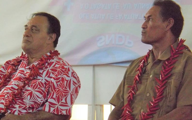 SNDP political party interim leader and former MP, Asiata Valasi Tafito on left with the party secretary afioga Faumuina