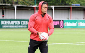 Jarryd Hayne gets to grips with the 15-a-side game at training.