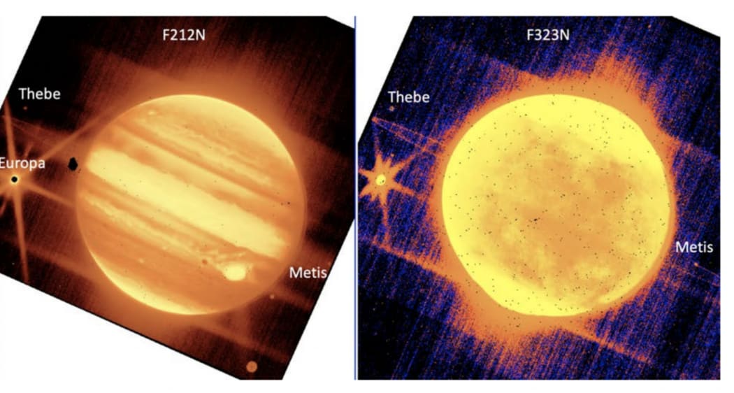 Jupiter and its moons — Europa, Thebe, and Metis — as seen through the James Webb Space Telescope's NIRCam's 2.12-micron (left) and 3.23-micron (right) filters.