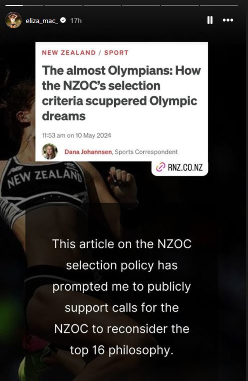 Eliza McCartney's Instagram post critiquing the New Zealand Olympic Committee's selection policy.