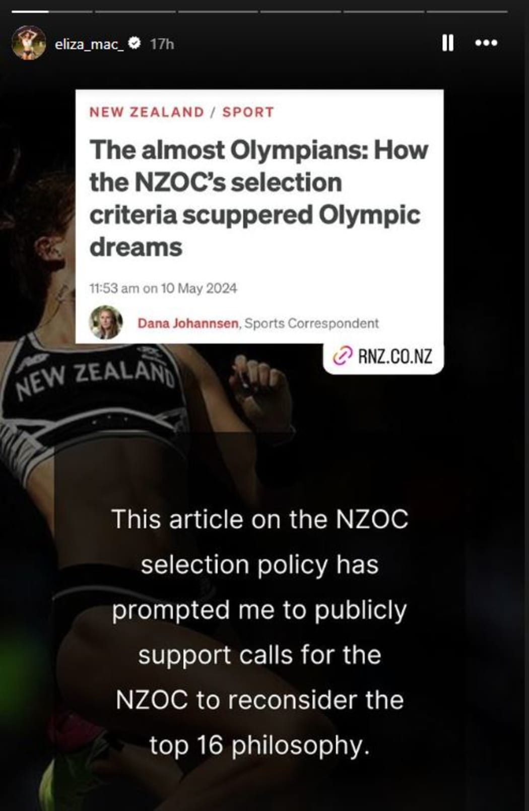 Post na Instagramie Elizy McCartney krytykuje politykę selekcyjną Komitetu Olimpijskiego Nowej Zelandii.