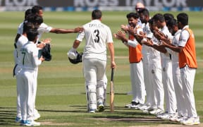 Black Caps veteran Ross Taylor walks out to bat in his final test.