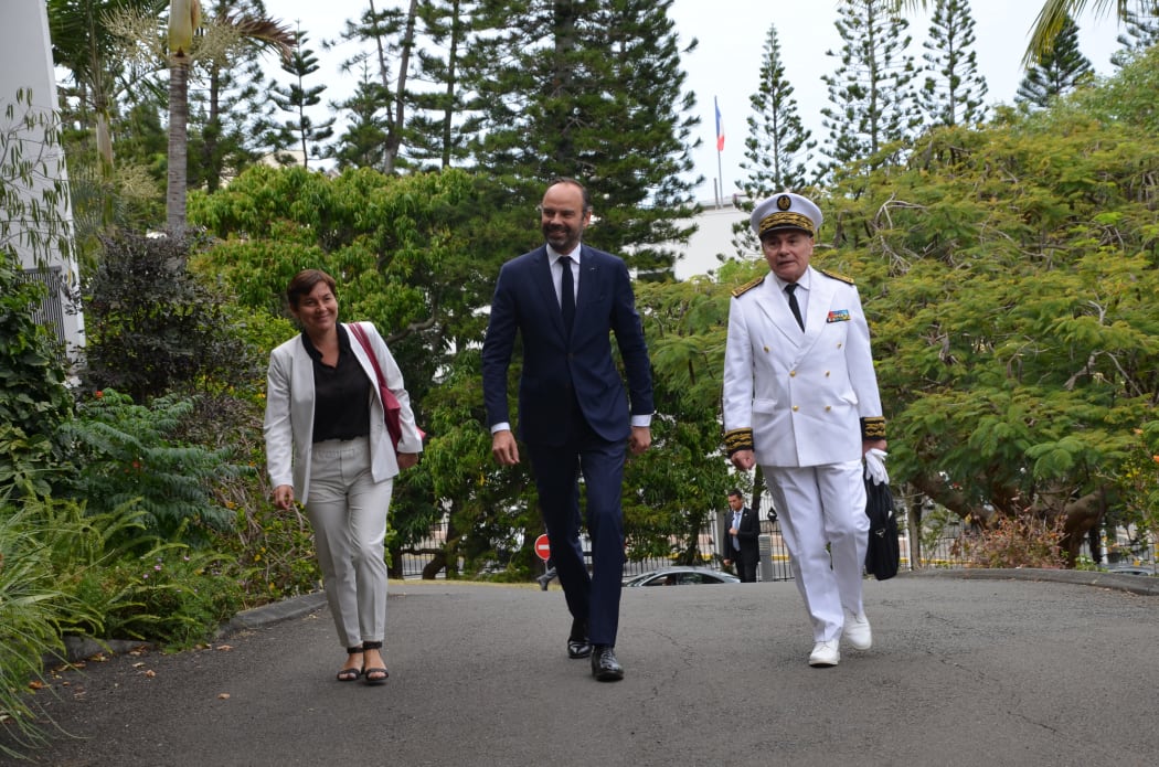 French PM Edouard Philippe arrives at French High Commission in Noumea, accompanied by the overseas minister Brigitte Girardin and the High Commissioner to New Caledonia Thierry Lataste.