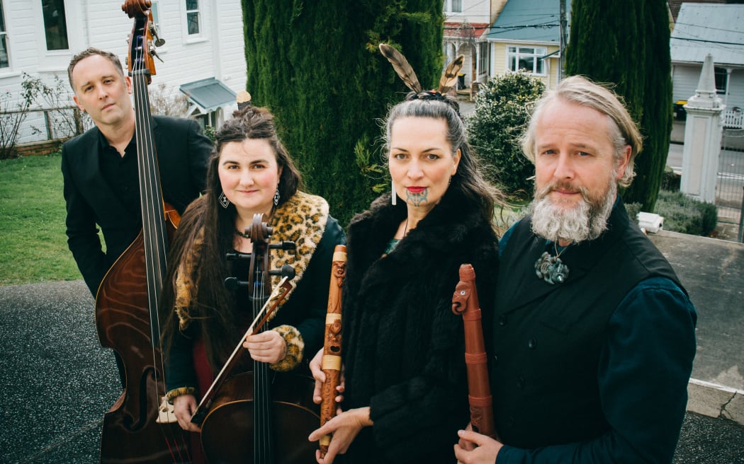 Tararua quartet -  Al Fraser (taonga puoro), Ariana Tikao (taonga puoro & vocals), Ruby Solly (taonga puoro, vocals & cello), and Phil Boniface (double bass & taonga puoro).