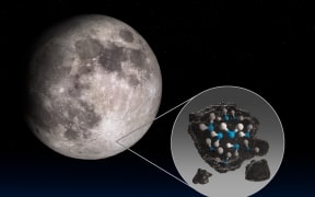 This illustration highlights the Moon’s Clavius Crater with an illustration depicting water trapped in the lunar soil there, along with an image of NASA’s Stratospheric Observatory for Infrared Astronomy (SOFIA) that found sunlit lunar water.