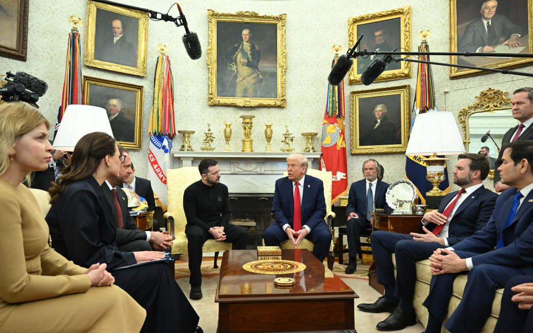 US President Donald Trump and Ukraine's President Volodymyr Zelensky meet in the Oval Office of the White House in Washington, DC, February 28, 2025. Trump on February 28 warned Zelensky that Ukraine had to make a deal with the US -- or Washington would end its support since the Russian invasion. "Your people are very brave, but you're either going to make a deal or we're out, and if we're out, you'll fight it out," Trump said. (Photo by SAUL LOEB / AFP)