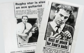 This is a photo of two black and white newspaper cuttings featuring a teenage Tom Cawood.
