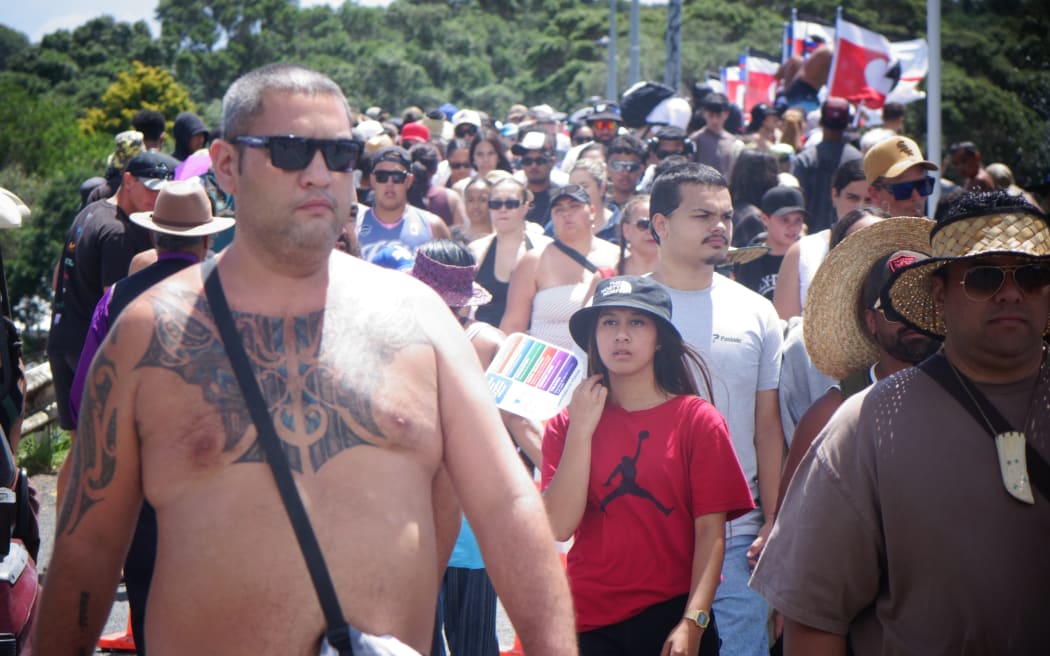 Crowds on the Waitangi Bridge, during the Waitangi Day Festival, on 6 February 2026.
