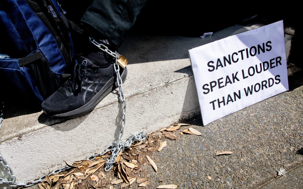 Clergy are protesting the government's lack of recognition for a Palestinian state at MP Erica Stanford's electorate office.