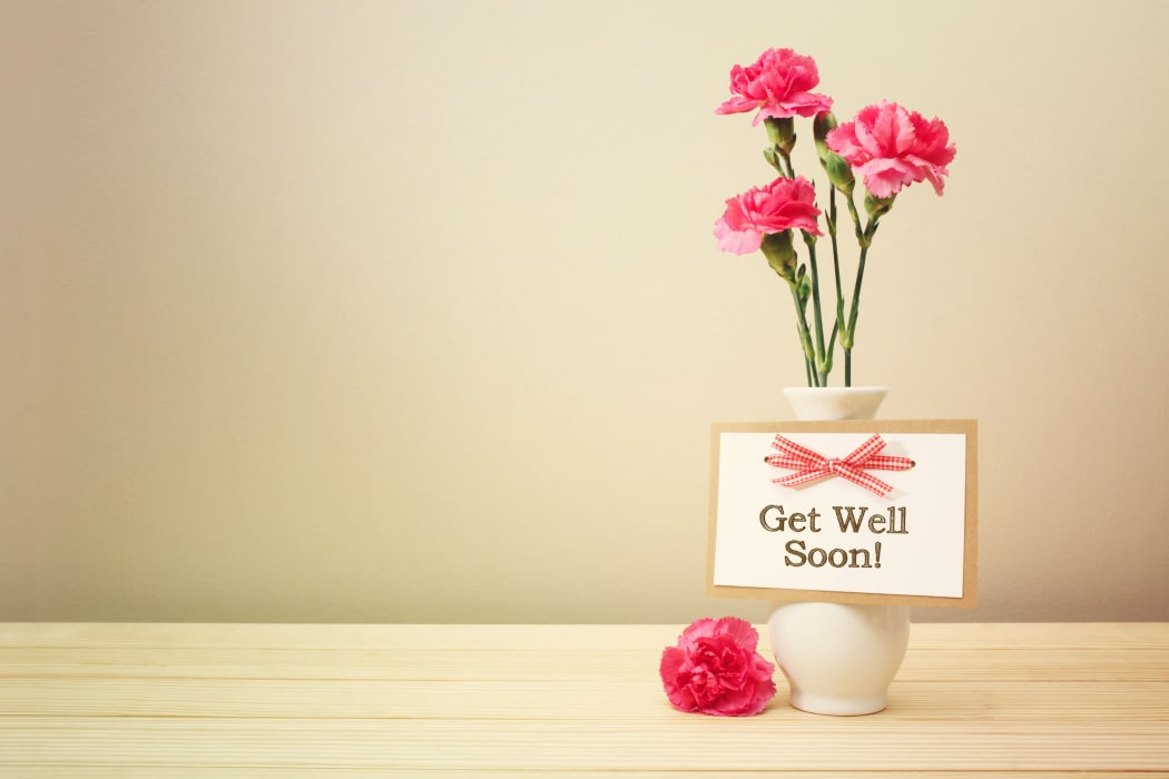 43085943 - get well soon message with pink carnations in a white vase
