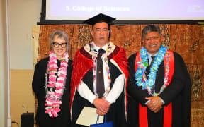 From Left: Massey University Provost Professor Giselle Brynes, James Cherrington and Dean Pacific Professor Palatasa Havea. Picture supplied by Massey University