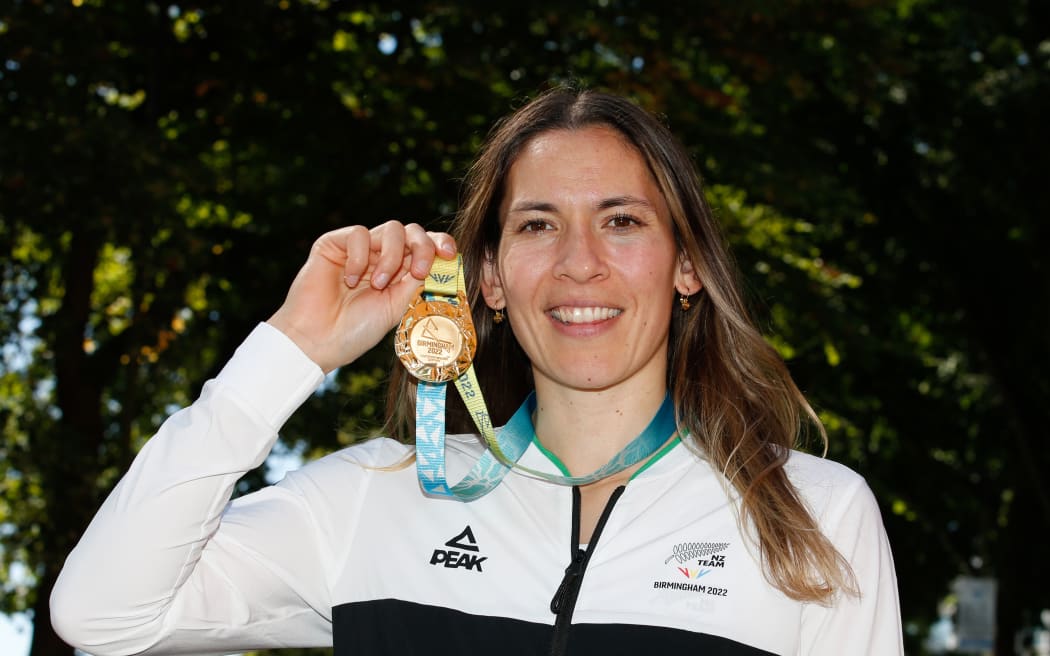 Joelle King of New Zealand with her gold medal for the women's doubles at the Birmingham 2022 Commonwealth Games.