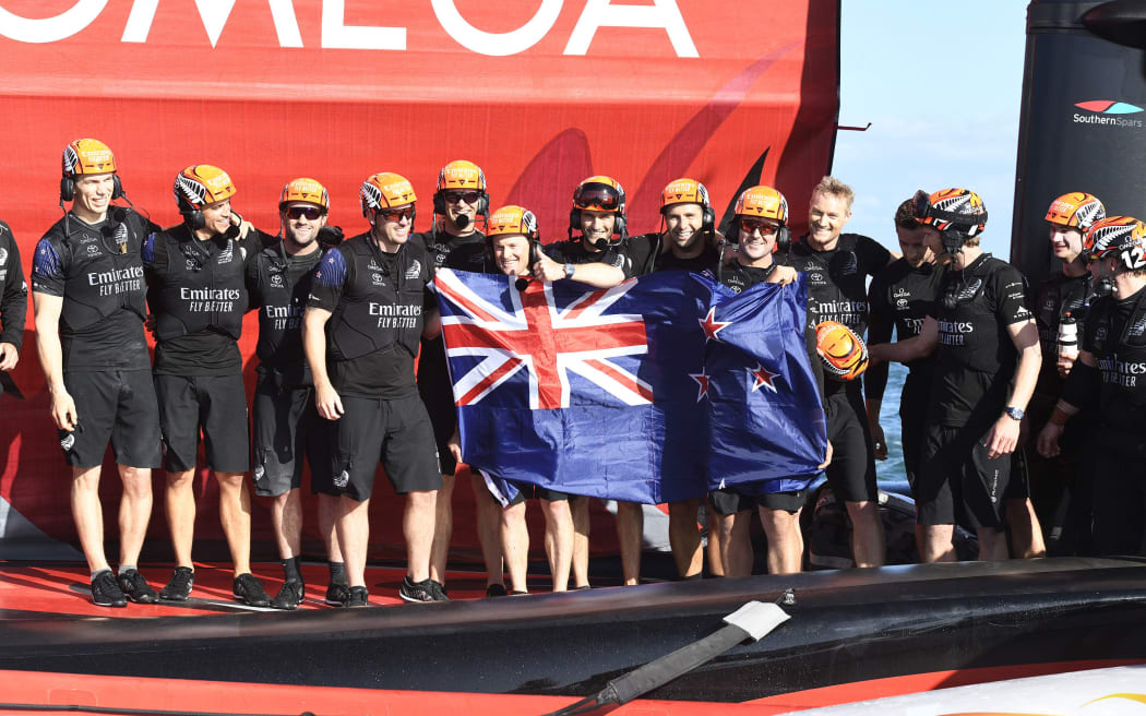 Team New Zealand celebrate winning the America's Cup, Race 10, Day 7 of the America's Cup presented by Prada.