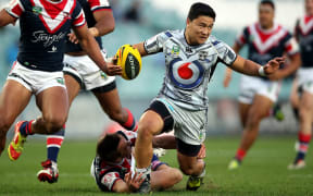 Mason Lino beats Brendan Elliot
Junior Warriors v Roosters. Holden Cup Semi Final rugby league match. Allianz Stadium SFS, Sydney Australia. Friday 20 September 2013. Photo: Paul Seiser/Photosport.co.nz