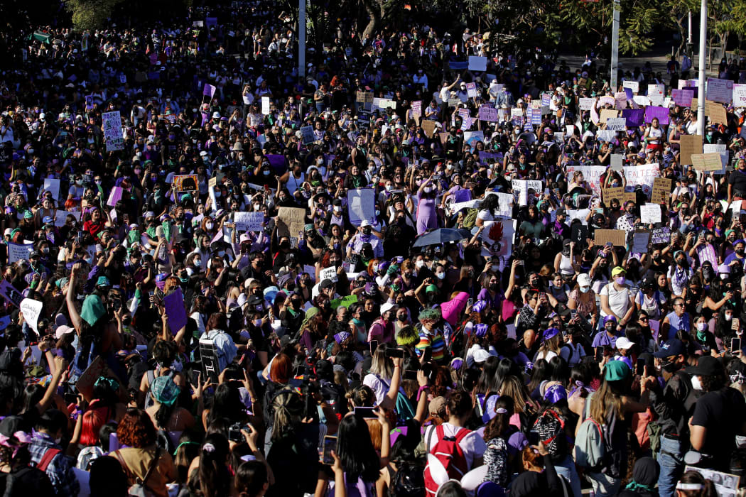 Women take part in a demonstration to mark the International Women's Day in Guadalajara, Mexico, on March 8, 2022.