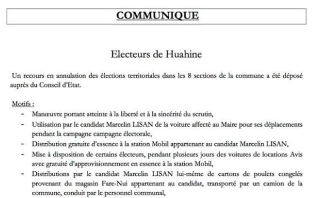Complaint has been filed to annul the territorial election on Huahine