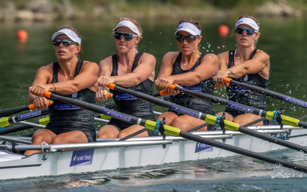 Hannah Osborne, Sam Voss, Ruby Tew  and Kirstyn Goodger NZ women's rowing quad.