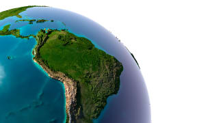 12651904 - earth with translucent water in the oceans and the detailed topography of the continents  detail of the earth with south america  isolated on white