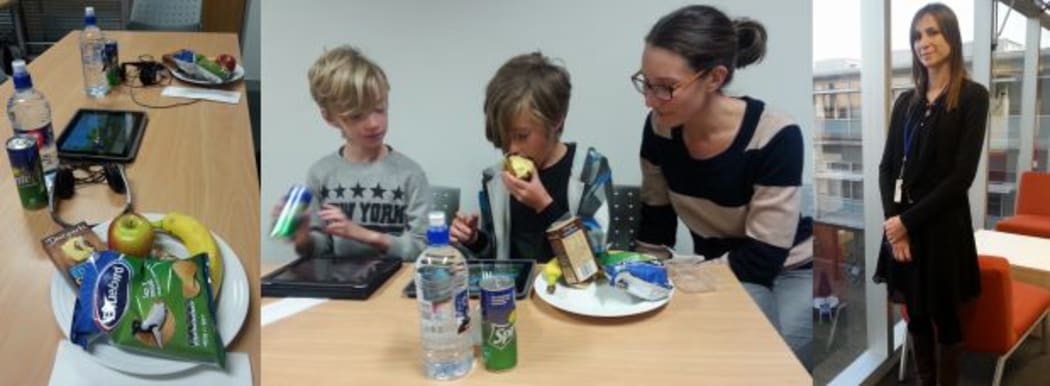 A photo from left to right of the food placed in front of children, Johan, Thurston and Ineka Vogels, and Sam Marsh