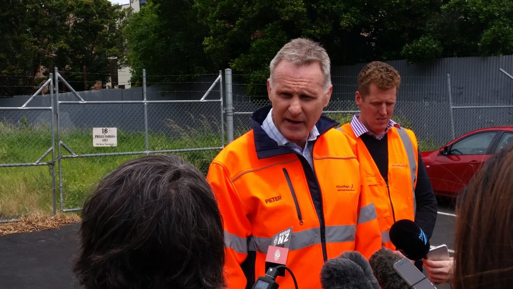 KiwiRail chief executive Peter Reidy, left, and general manager of network services, Todd Moyle, address media.