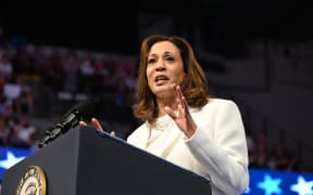 US Vice President Kamala Harris speaking at an election campaign rally in Savannah, Georgia, on 29 August, 2024.