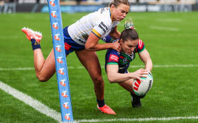 Michaela Brake of the Warriors dives to score a try, One New Zealand Warriors Women v Parramatta Eels.