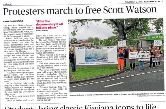 Kaikoura Star newspaper story about local protests staged in support of Scott Watson.