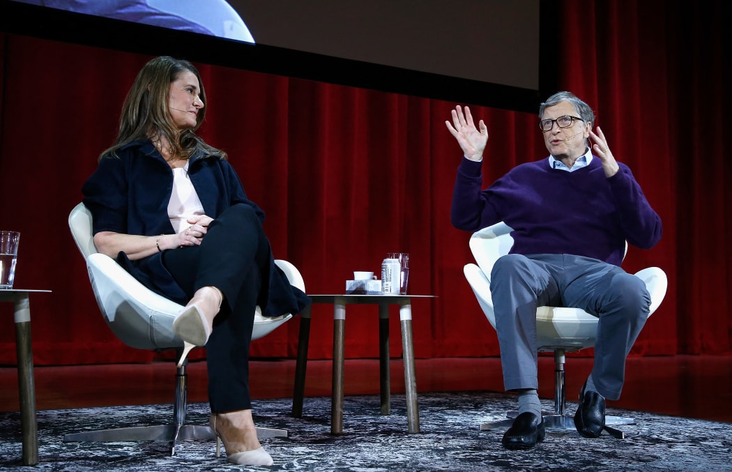 (FILES) In this file photo taken on February 13, 2018 Melinda Gates and Bill Gates speak during the Lin-Manuel Miranda In conversation with Bill & Melinda Gates panel at Hunter College in New York City. -