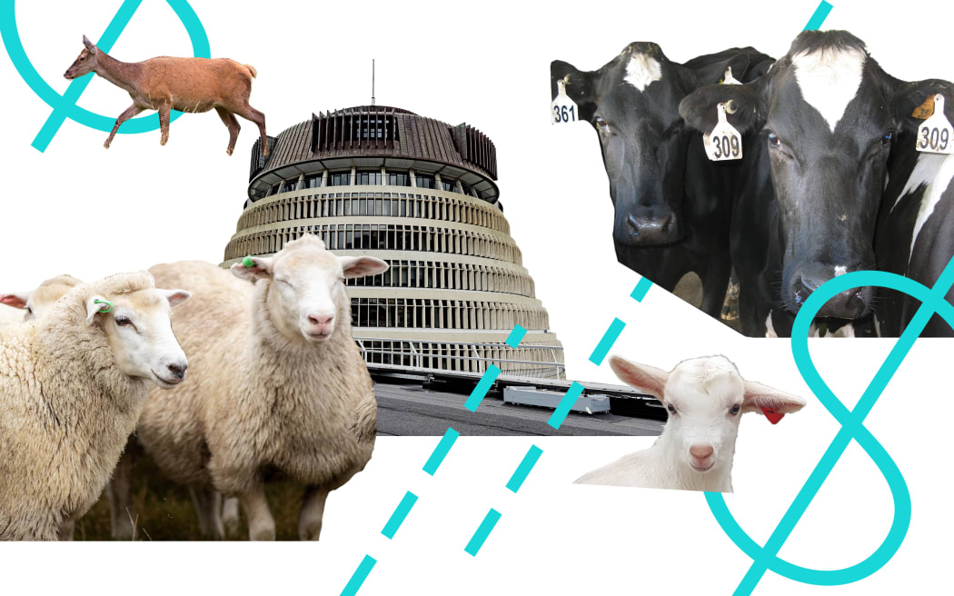 Collage of Sheep, cows, deer and a goat with the Beehive and dollar signs