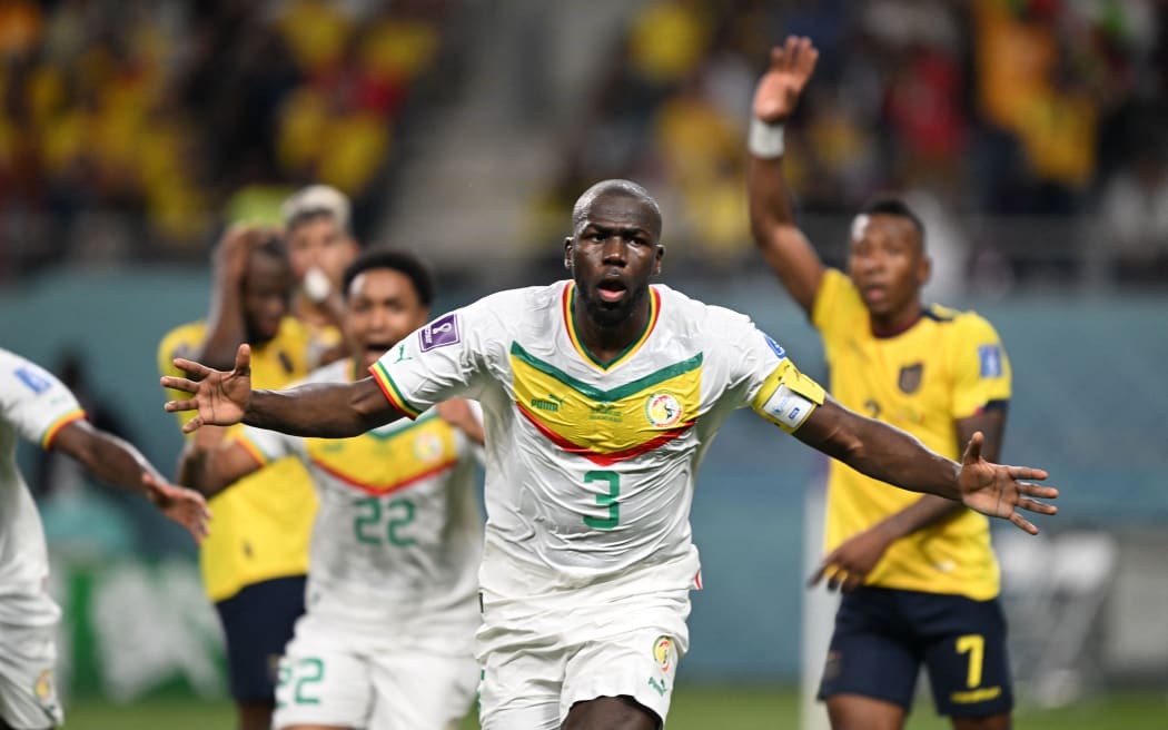 Kalidou Koulibaly of Senegal celebrates his goal at the World Cup 2022.
