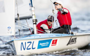 Jo Aleh and Polly Powrie on Guanabara bay, 2015.