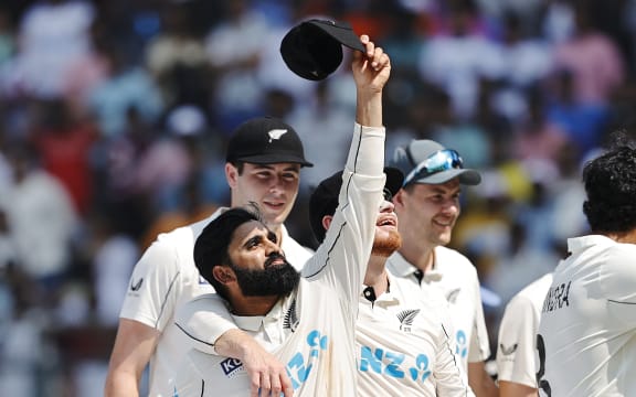 Ajaz Patel of New Zealand celebrating his 6wicket haul during day 3 of the 3rd Test Match between India and New Zealand held at the Wankhede Stadium, Mumbai, India on the 3rd November 2024

Photo by Saikat Das / Sportzpics for BCCI