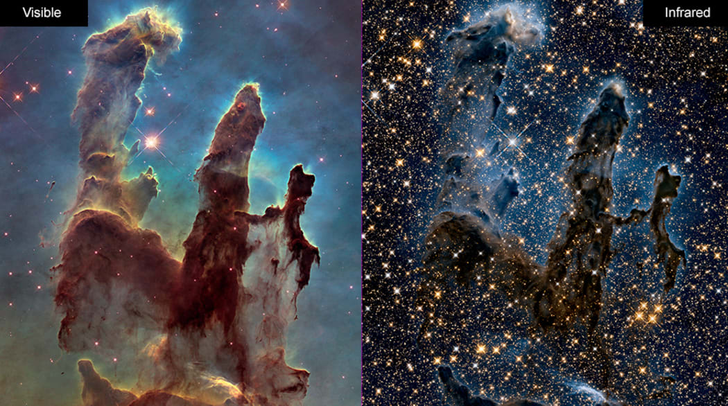 These images of the Pillars of Creation in the Eagle Nebula demonstrate Hubble's ability to capture stunning images in both visible (left) and near-infrared (right) light.