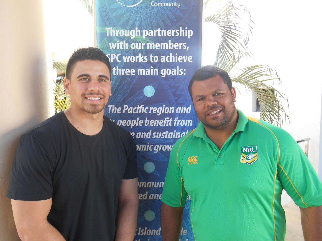 Ben Henry (left) and Dean Widder (right) at the NRL Pasifika Ambassadors workshop in New Caledonia.  Aug 2015