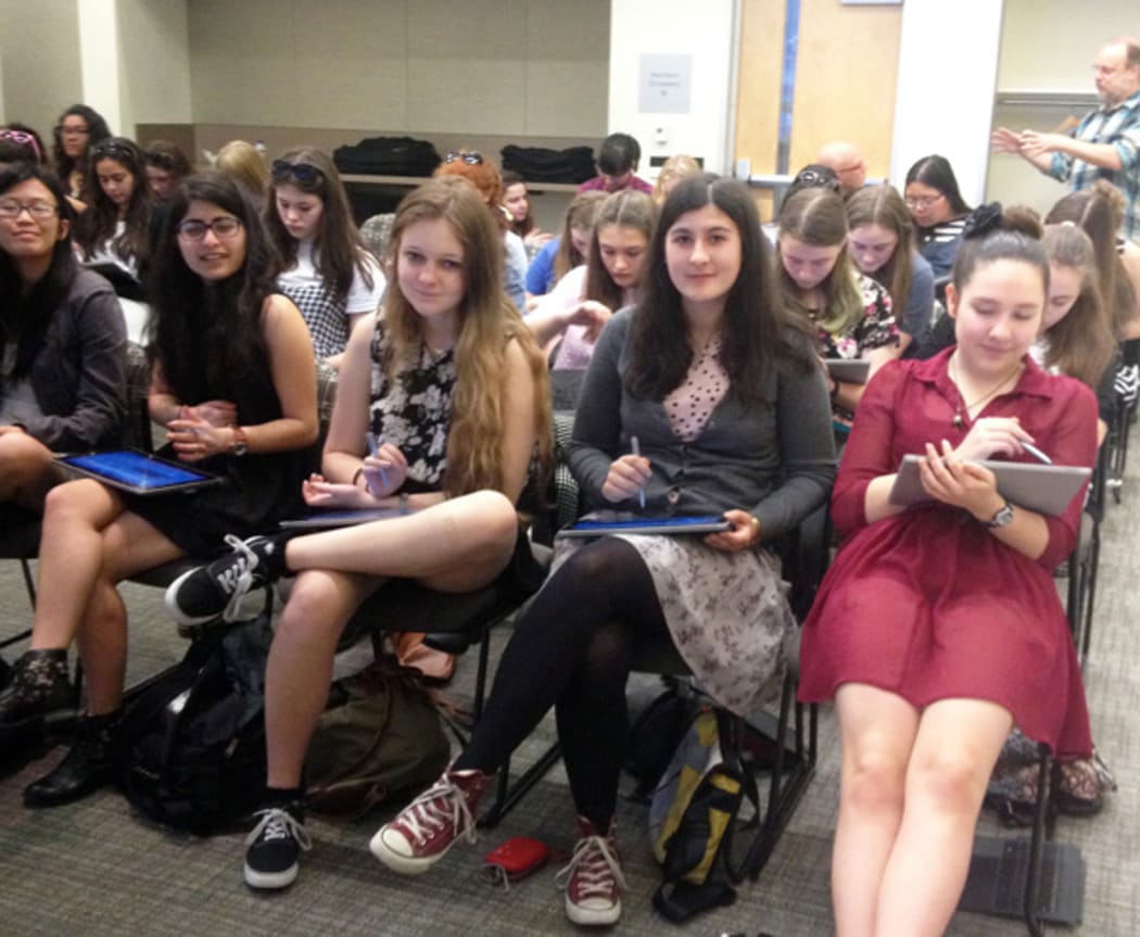Wellington East Girls' College students testing tablets at Microsoft.
