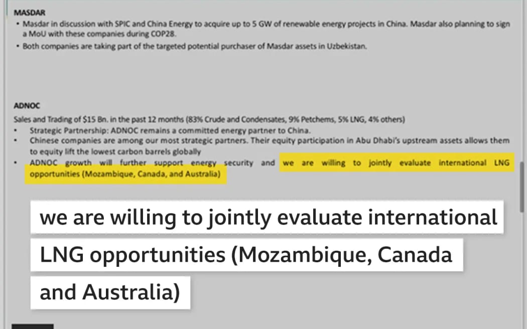 A leaked briefing document, prepared by UAE's COP28 team, raising a possible deal with China over liquified natural gas.