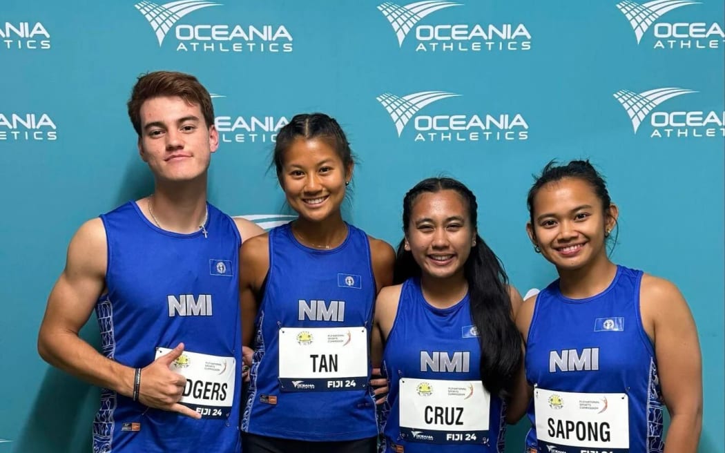 Team NMI's Theodore Rodgers, Tania Tan, Casey Cruz and Zarinae Sapong pose for a photo at the Oceania Athletics Championships 2024 in Suva, Fiji. Photo: Oceania Athletics