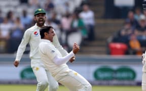 Pakistan bowler Mohammad Abbas celebrates.