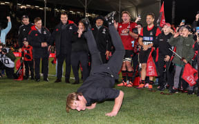 Crusaders coach Scott Robertson performs his Razor dance after the Super Rugby Aotearoa Final at Orangetheory Stadium, Christchurch, New Zealand, Saturday 08 May 2021.
