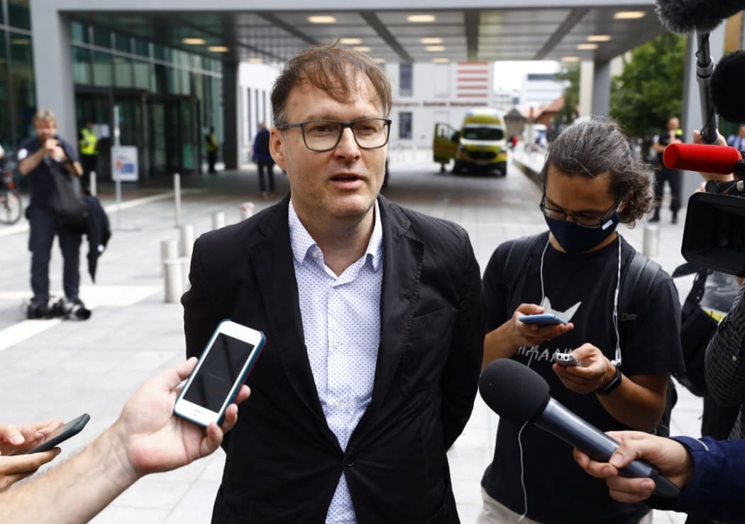 BERLIN, GERMANY - AUGUST 22: Founder of Cinema for Peace Foundation, Jaka Bizilj speaks to the members of press as he pioneered transporting the Russian opposition leader Alexei Navalny to Charite Hospital for treatment, in Berlin, Germany on August 22, 2020.