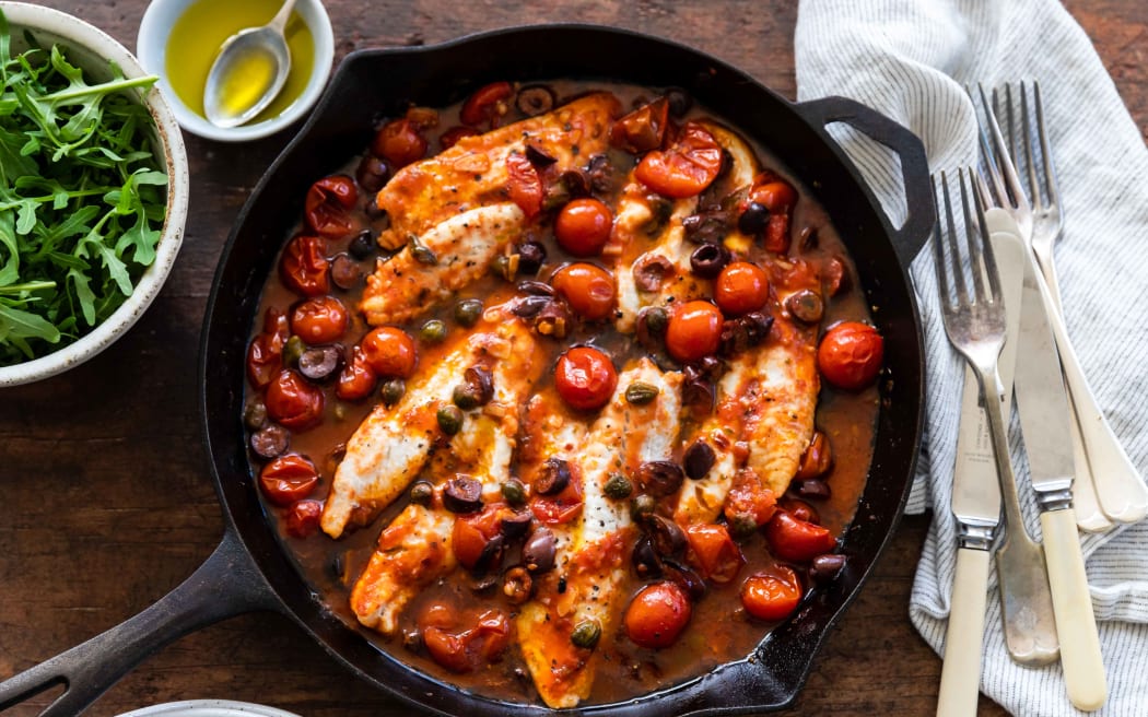 Baked fish cherry tomatoes olives capers