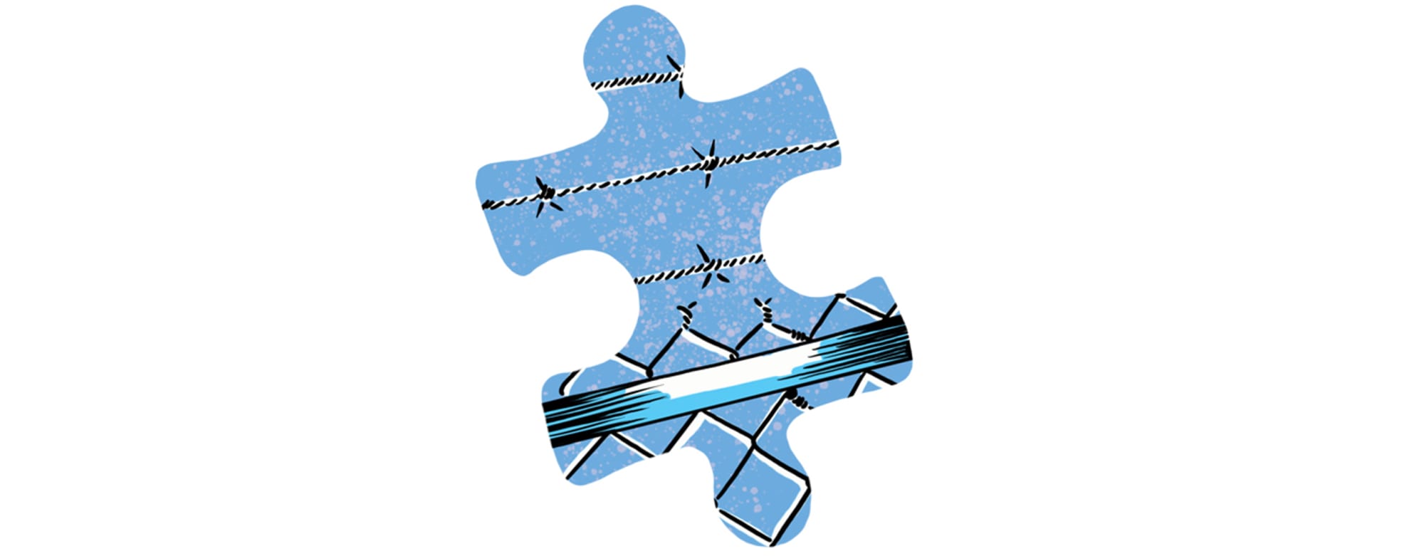 Dark graphic novel style illustration of chain link fencing and barbed wire framed in a puzzle piece.