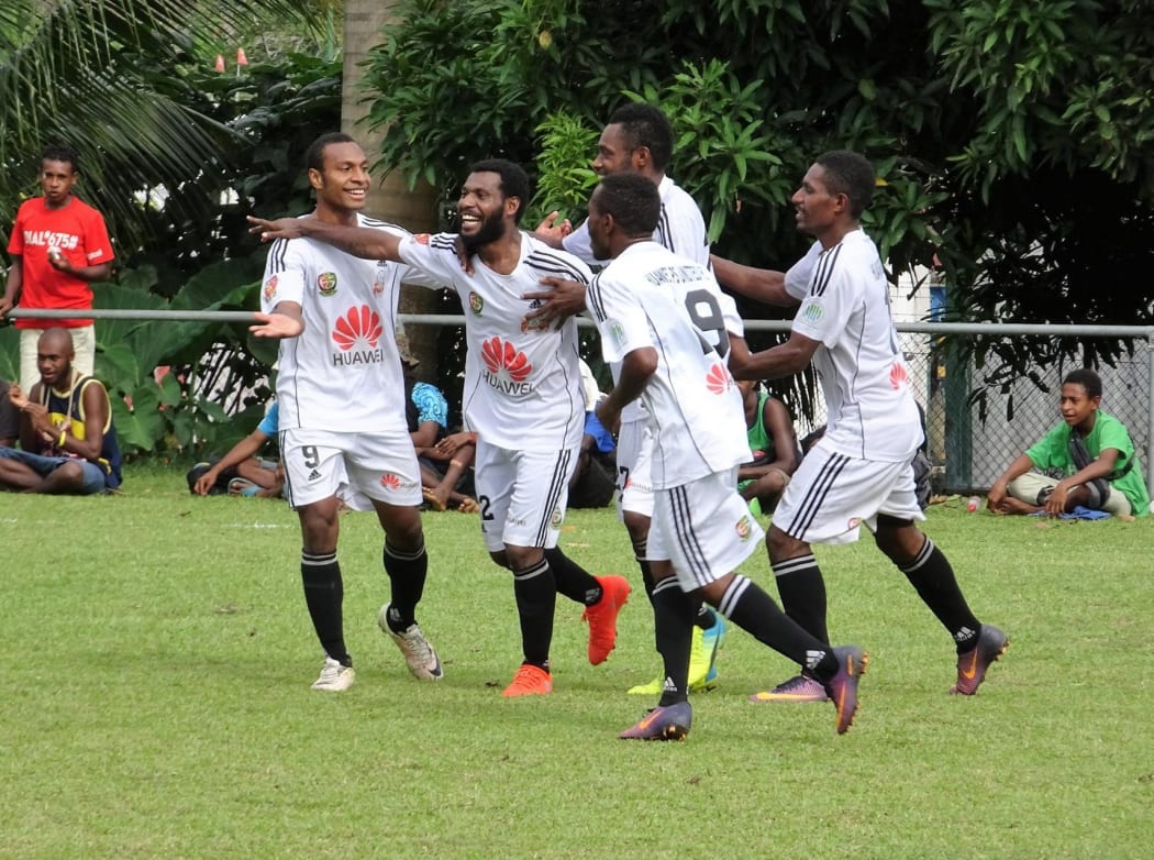 PS Huawei FC celebrate the winning goal in their National Soccer League match against Madang FC.