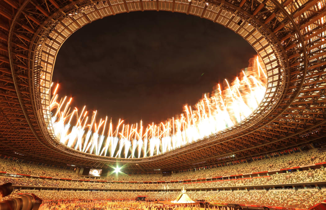A photo shows  fireworks during the Opening Ceremony of Tokyo 2020 Olympic Games at National Stadium in Tokyo on July 23, 2021. The summer Olympic games will run until Aug. 8th.  (