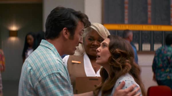 Miles Teller as Larry, Da'Vine Joy Randolph as Anna and Elizabeth Olsen as Joan in the 2025 film, Eternity, directed by David Freyne.