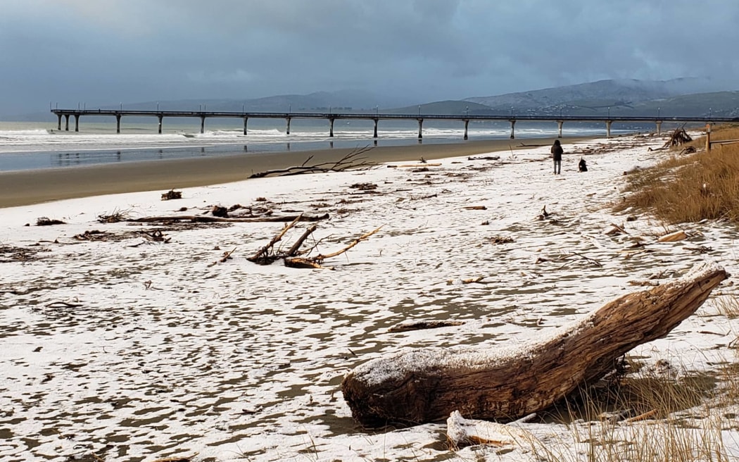 Snow on New Brighton beach, Christchurch, on Tuesday.